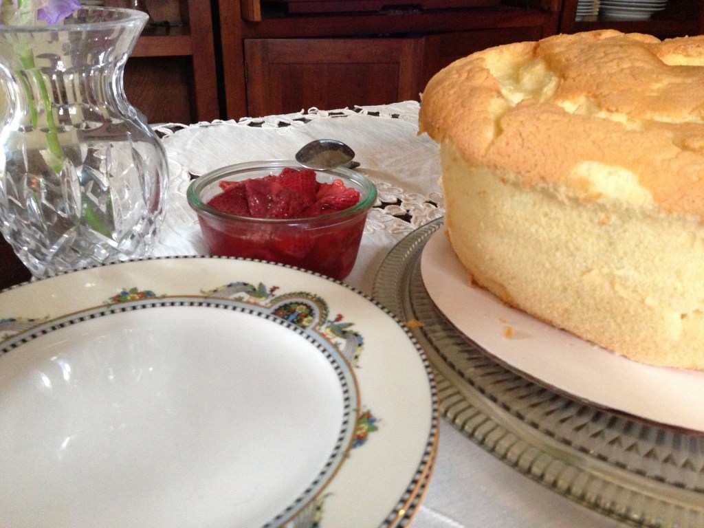 Chiffon cake, strawberries and rhubarb