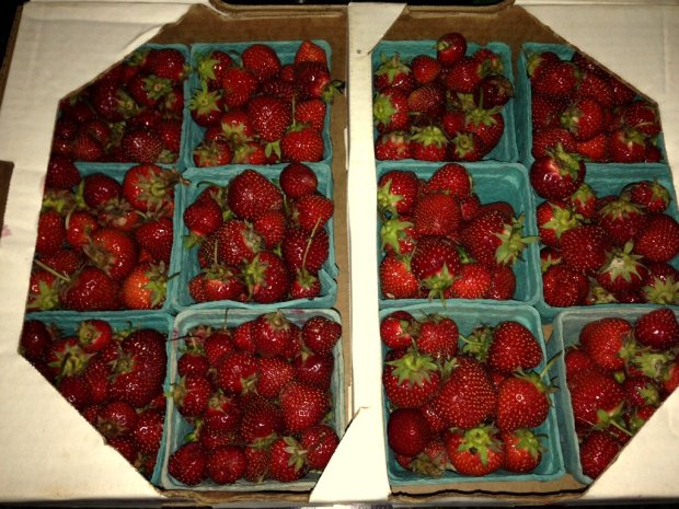 A flat of fresh strawberries