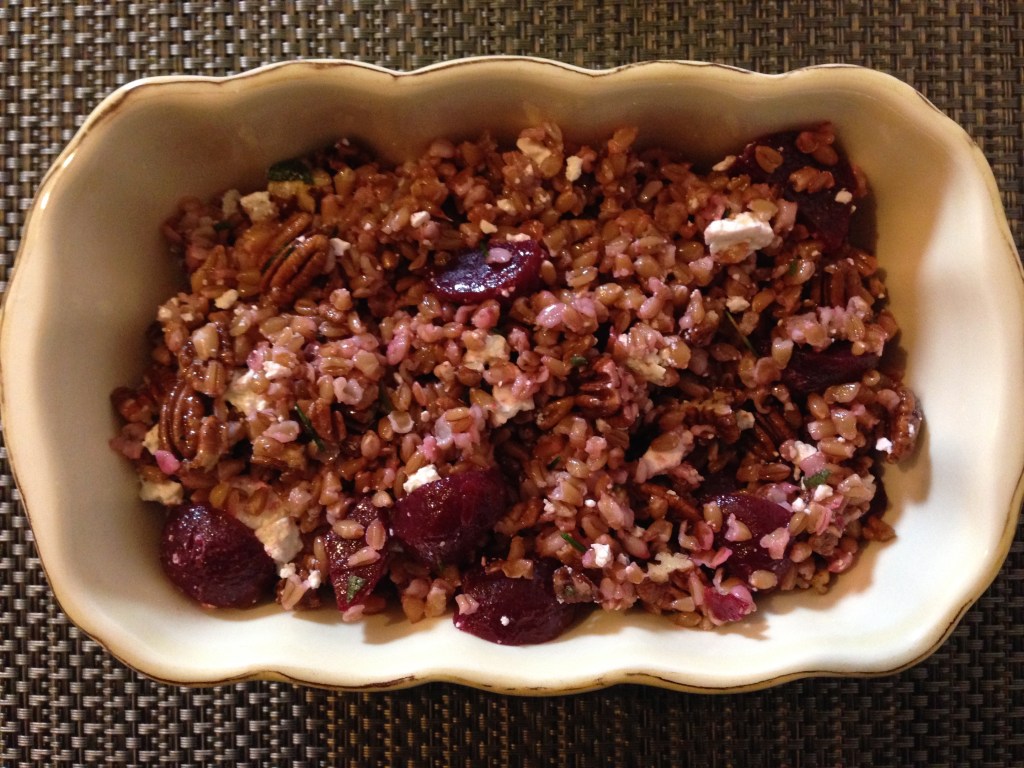 Farro with beets, pecans and feta