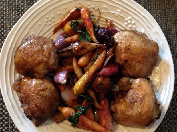 Coriander Chicken Thighs and Miso Glaze Root Vegetables