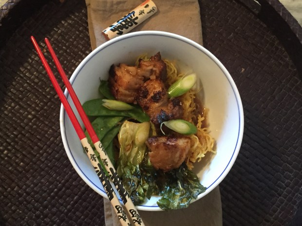 Crunchy noodles, vegetables and pork belly