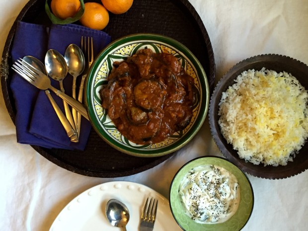 Khoresht e bademjan,saffron rice,yogurt.cucumber,mint salad