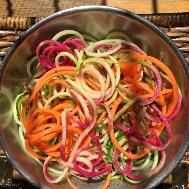 carrot, cucumber,watermelon radish spiralized